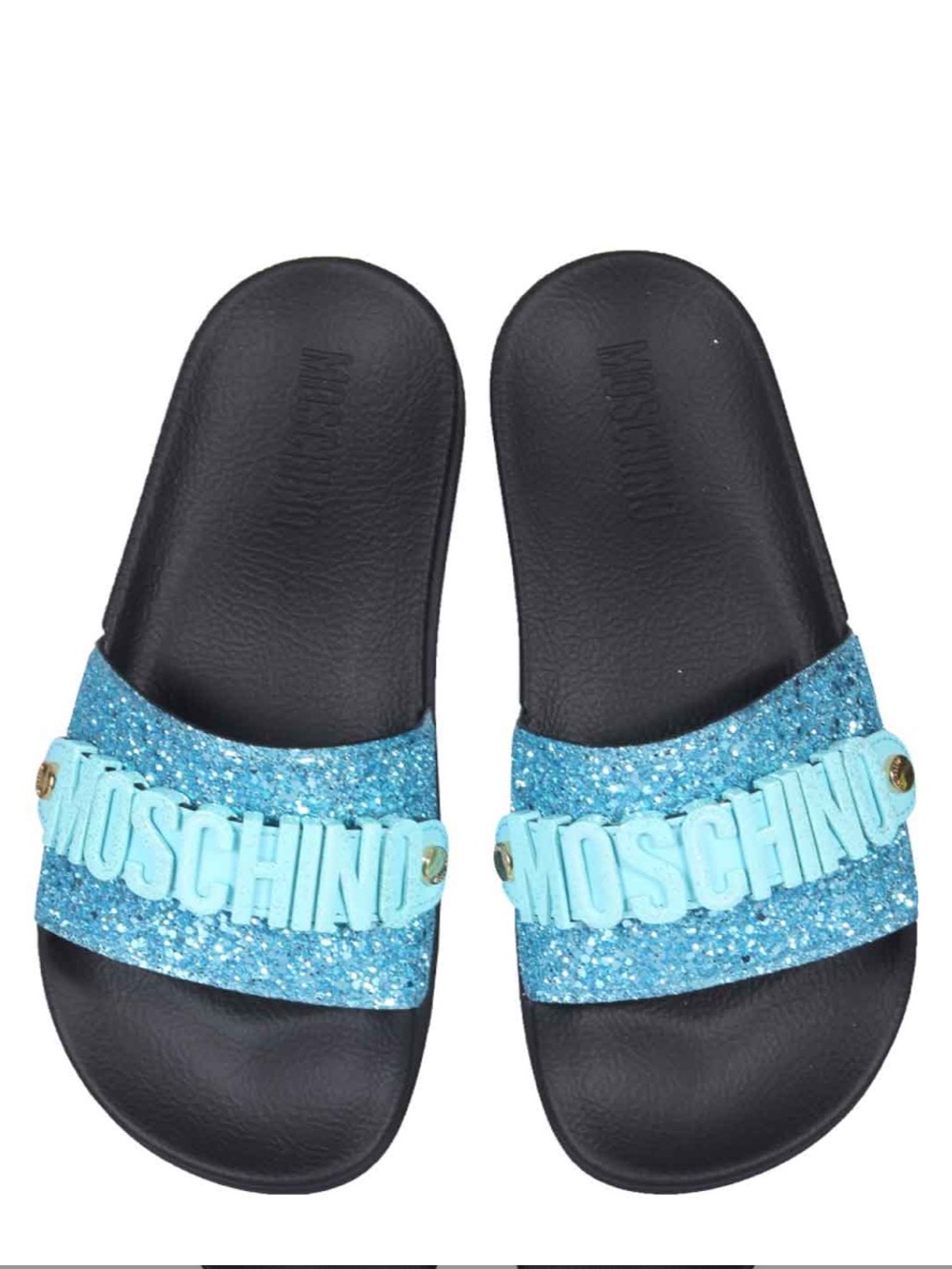 Moschino Blue Glitter Logo Slide Sandals